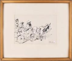 Holló László (1887-1976): Szekér öszvérekkel, 1955. Tus, papír, jelzett. Hátoldalán Déri Múzeum ered...