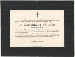 1936 Pécs, Dr. Lambrecht Kálmán egyetemi tanár halotti értesítője, hajtott