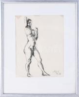 Holló László (1887-1976): Álló női akt. Szén, papír, jelzett. Lap tetején paszpartuzás nyomaival. Üvegezett fakeretben, 29x22,5 cm