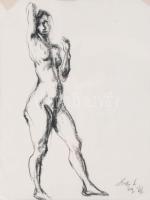 Holló László (1887-1976): Álló női akt. Szén, papír, jelzett. Lap tetején paszpartuzás nyomaival. Üv...