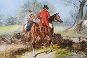 Kocsi Lénárd (1958-): Falkavadászat. Olaj, fa, jelzett. Dekoratív fakeretben, 13x24 cm