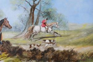 Kocsi Lénárd (1958-): Falkavadászat. Olaj, fa, jelzett. Dekoratív fakeretben, 13x24 cm