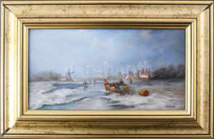Kocsis Lénárd (1958-): Tél Hollandiában. Olaj, fa, jelzett. Dekoratív fakeretben, 13x24 cm
