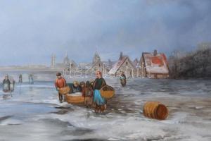 Kocsis Lénárd (1958-): Tél Hollandiában. Olaj, fa, jelzett. Dekoratív fakeretben, 13x24 cm