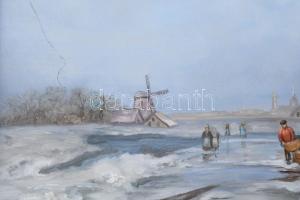 Kocsis Lénárd (1958-): Tél Hollandiában. Olaj, fa, jelzett. Dekoratív fakeretben, 13x24 cm