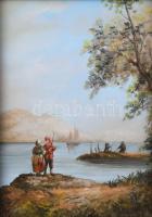 Kocsis Lénárd (1958-): Beszélgetők. Olaj, fa, jelzett. Dekoratív fakeretben, 18x13 cm