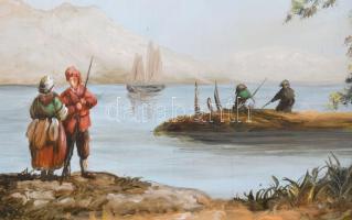 Kocsis Lénárd (1958-): Beszélgetők. Olaj, fa, jelzett. Dekoratív fakeretben, 18x13 cm