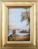 Kocsis Lénárd (1958-): Beszélgetők. Olaj, fa, jelzett. Dekoratív fakeretben, 18x13 cm