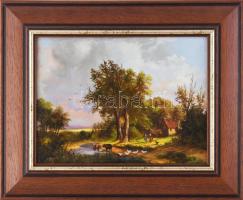 Kocsis Lénárd (1958-): Itatás. Olaj, fa, jelzett. Dekoratív fakeretben, 18x24 cm