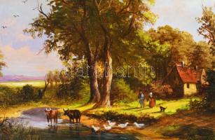 Kocsis Lénárd (1958-): Itatás. Olaj, fa, jelzett. Dekoratív fakeretben, 18x24 cm