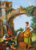 Kocsis Lénárd (1958-): Hölgyhódítás. Olaj, fa, jelzett. Dekoratív fakeretben, 24x18 cm