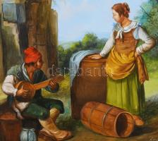 Kocsis Lénárd (1958-): Hölgyhódítás. Olaj, fa, jelzett. Dekoratív fakeretben, 24x18 cm