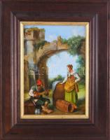 Kocsis Lénárd (1958-): Hölgyhódítás. Olaj, fa, jelzett. Dekoratív fakeretben, 24x18 cm