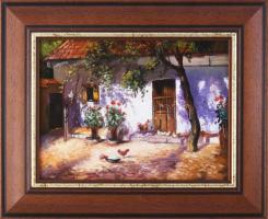 Kocsis Lénárd (1958-): Parasztudvar. Olaj, fa, jelzett. Dekoratív fakeretben, 18x24 cm