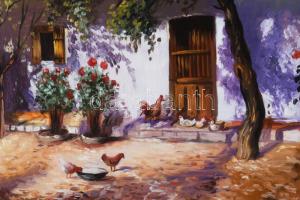 Kocsis Lénárd (1958-): Parasztudvar. Olaj, fa, jelzett. Dekoratív fakeretben, 18x24 cm