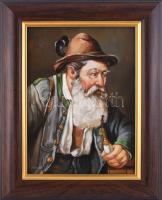 Kocsis Lénárd (1958-): Pipázó vadász. Olaj, fa, jelzett. Dekoratív fakeretben, 24x18 cm