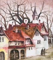 Péliné Emődi Etelka (1945-): Segesvári utcarészlet (Erdély). Olaj, farost, jelzett. Dekoratív fakeretben, 25x23 cm
