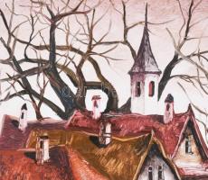 Péliné Emődi Etelka (1945-): Segesvári utcarészlet (Erdély). Olaj, farost, jelzett. Dekoratív fakere...