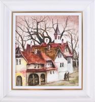 Péliné Emődi Etelka (1945-): Segesvári utcarészlet (Erdély). Olaj, farost, jelzett. Dekoratív fakere...