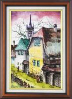 Péliné Emődi Etelka (1945-): Almási utca (Erdély). Olaj, farost, jelzett. Dekoratív fakeretben, 32x23 cm