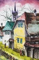 Péliné Emődi Etelka (1945-): Almási utca (Erdély). Olaj, farost, jelzett. Dekoratív fakeretben, 32x2...