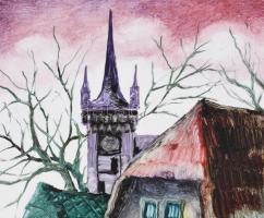 Péliné Emődi Etelka (1945-): Almási utca (Erdély). Olaj, farost, jelzett. Dekoratív fakeretben, 32x2...