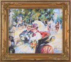 Bényi Éva (1955-): Életkép I. Olaj, farost, jelzett, dekoratív, fakeretben, 24×30 cm