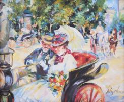 Bényi Éva (1955-): Életkép I. Olaj, farost, jelzett, dekoratív, fakeretben, 24×30 cm