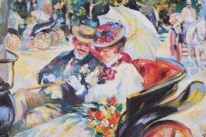 Bényi Éva (1955-): Életkép I. Olaj, farost, jelzett, dekoratív, fakeretben, 24×30 cm