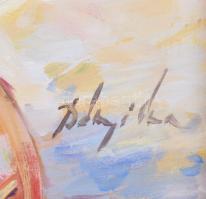 Bényi Éva (1955-): Életkép I. Olaj, farost, jelzett, dekoratív, fakeretben, 24×30 cm