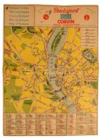cca 1942 Budapest térképe / Magyarország úthálózatának térképe (rajta a visszacsatolt Észak-Erdéllyel és Délvidékkel), a Corvin Áruház reklámkiadványa, sérülésekkel, ragasztott, 42x31 cm
