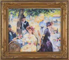 Bényi Éva (1955-): "Ujjé a Ligetben...". Olaj, farost, jelzett, dekoratív fakeretben, 24×30 cm