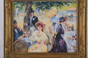 Bényi Éva (1955-): "Ujjé a Ligetben...". Olaj, farost, jelzett, dekoratív fakeretben, 24×3...