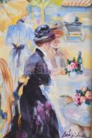 Bényi Éva (1955-): "Ujjé a Ligetben...". Olaj, farost, jelzett, dekoratív fakeretben, 24×3...