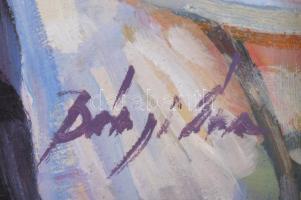 Bényi Éva (1955-): "Ujjé a Ligetben...". Olaj, farost, jelzett, dekoratív fakeretben, 24×3...