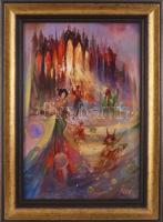 Berkó jelzéssel: Cirkusz. Olaj, farost, jelzett, fakeretben, 30×20 cm