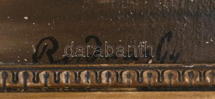 Rudnay jelzéssel: Alkonyat. Olaj, karton, foltos. Dekoratív, sérült fakeretben, 62×81 cm