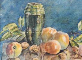 Vaszary J jelzéssel: Csendélet gyümölcsökkel. Akvarell, papír. 35,5×48,5 cm. Dekoratív, sérült faker...