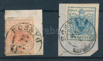 1850 3kr és 9kr 1-1 kivágáson "ROSNYÓ" bélyegzéssel