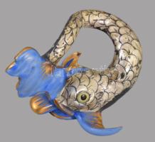 Herendi óherendi koi hal figura, ezüstös festéssel, jelzett, kopott, 6,5x 4,5 cm