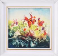 Katona György (-): Virágok. Olaj, farost, jelzett. Dekoratív fakeretben, 20x20 cm