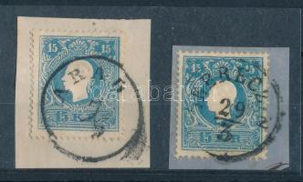 1858 2 db 15kr 1-1 kivágáson "ARAD" és "DEBRECZIN" (I. típus) bélyegzéssel