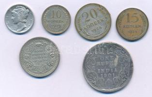 Brit-India 1901. 1R Ag + 1942 1/2R Ag + Szovjetunió 1924-1929. (3xklf) 10K-20K Ag + Amerikai Egyesült Államok 1943. 1d Ag T:AU-F British India 1901. 1 Rupee Ag + 1942 1/2 Rupee Ag + Soviet Union 1924-1929. (3xdiff) 10K-20K Ag + USA 1943. 1 Dime Ag C:AU-F