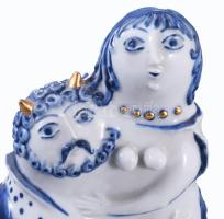 Zsolnay kisplasztika - Faun és asszonya. Formába öntött, kékkel festett és aranyozott porcelán. Törö...