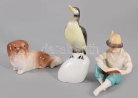 Hollóházi gém + Hollóházi olvasó fiú + Drasche kutya. Jelzett, hibátlan, m: 13 cm