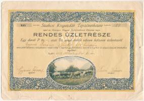 1938. Szakcs "Szakcsi Kisgazdák Tejszövetkezete" rendes üzletrésze 10P értékben, "315" sorszámmal, szelvényekkel T:F beszakadások