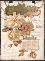 1898 Blumenwünsche Kalender für 1898. Mit Sprüchen von Hermann Pilz. Leipzig-Rednitz, Wezel &amp; Naumann, 4 sztl. lev. 1898-as naptár, nem teljes, csak 4 lap (január, február, junius, september), díszes litografált lapok, dombornyomott címlappal, a lapok felső szélén sérülésekkel, ahol a szalag lenne hiányokkal, a lapokon kopásnyomokkal, 29x22 cm
