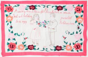 Kézzel hímzett konyhai falvédő, "Asszony lesz a lányból, bimbóból a rózsa, sok boldog percből lesz egy boldog óra!" felirattal, 50x80 cm
