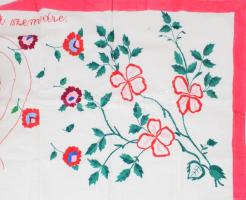 Kézzel hímzett nagyméretű konyhai falvédő, "Rágondolok gyönyörű két szemedre" felirattal, ...