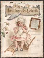 1899 Im Lenze des Lebens. Dichtungen von Anna Marquardsen. Leipzig-Rednitz, Wezel &amp; Naumann, 5 sztl. lev. 1899-as naptár, az első lapon a január, a többin 2-2 hónappal. Díszes litografált lapok, a címlap dombornyomott, Farkas Árpád Papírkereskedése (Bp., Kecskeméti utca) címkével és naptárbélyeggel, szalag hiánnyal, a lapokon kopásnyomokkal, 29x22 cm